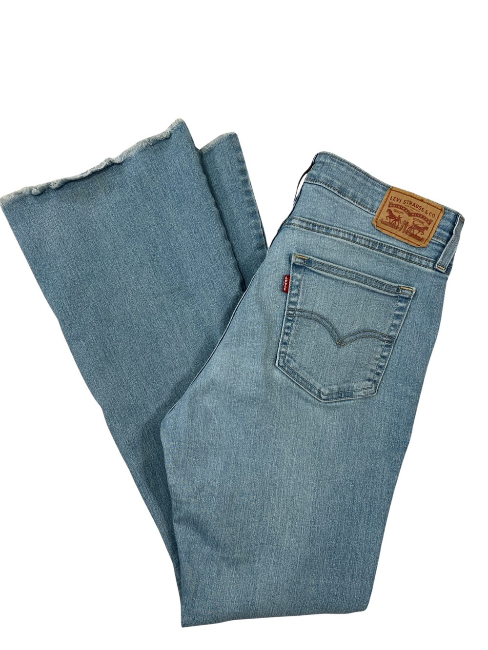 Levis 726 High Rise Flare Jeans Womens Size 31 Ram Hem Denim Stretch Light Wash